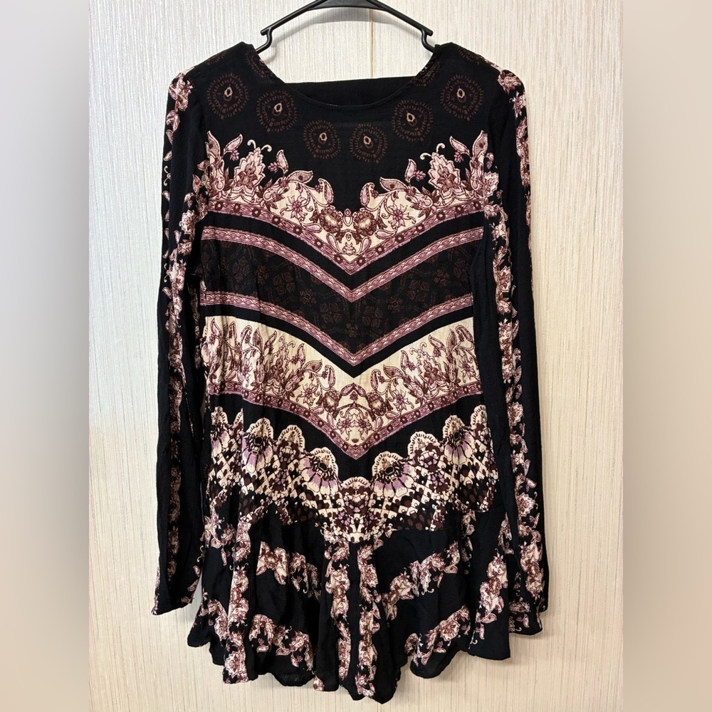 Free People Trapeze Tunic Mini‎ Dress Floral Mandala Print Black small